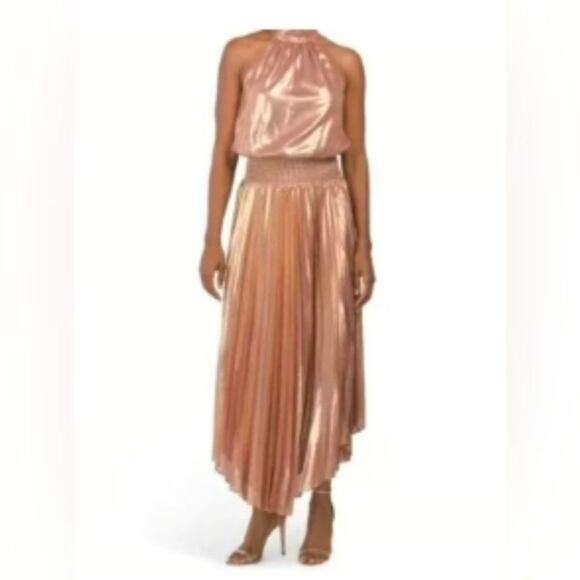 New Ramy Brook Olana Dress Pleated Metallic Blush gold shimmer maxi formal sz 6 - Picture 1 of 15